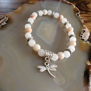 New Hand Beaded White Jade & Red Line Jasper Gemstone Dragonfly Charm Bracelet